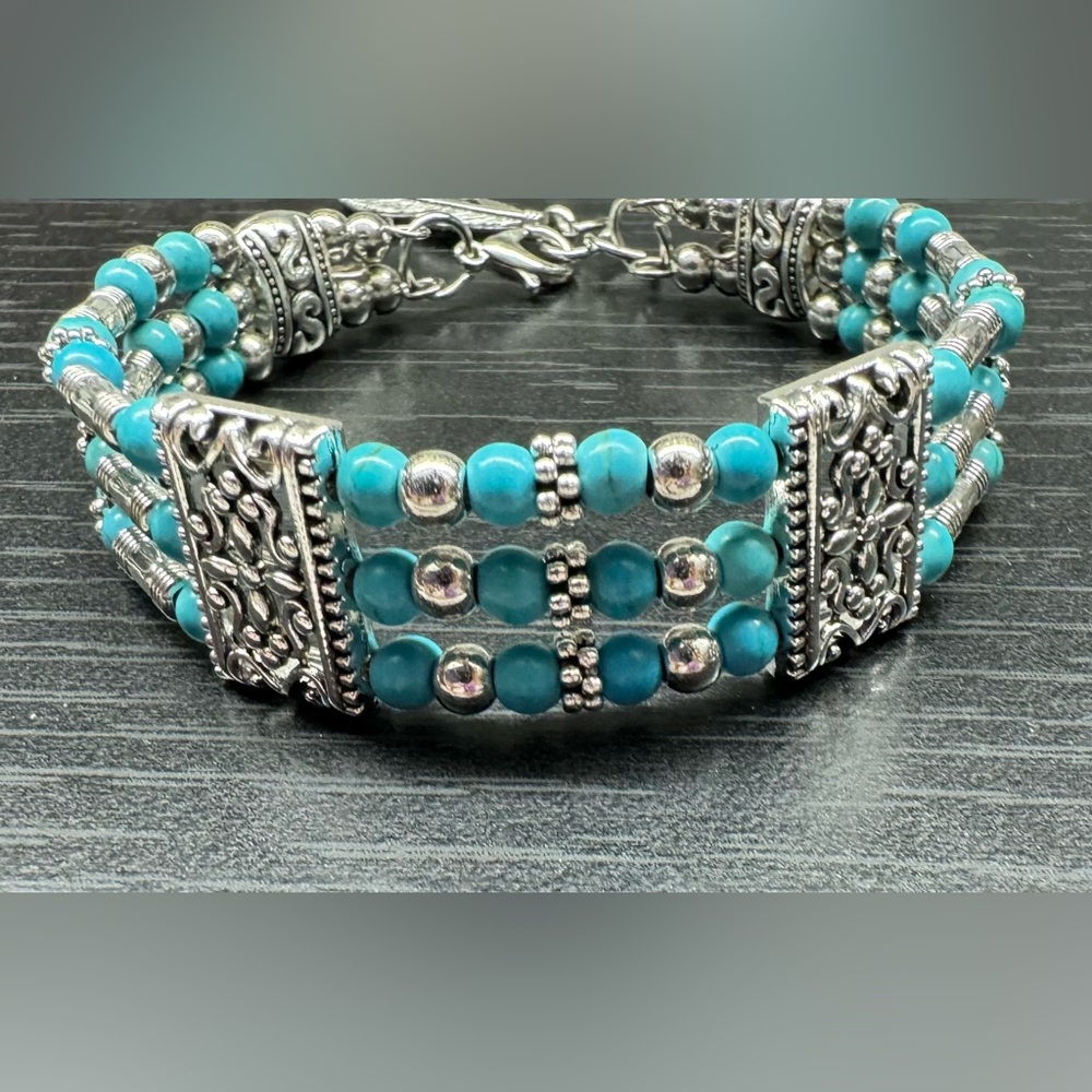 Boho Beaded Three Layered Feather Pendant Synthetic Stone Adjustable Bracelet